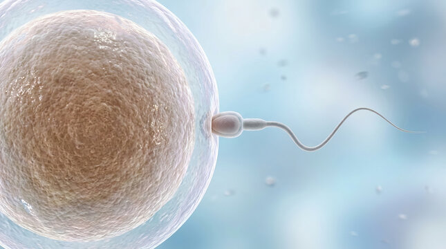 Sperm cell approaching ovum for fertilization, microscopic view of reproductive process, detailed biological concept with soft blue background and cellular texture