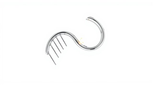 Silver meat hook. Curved design, multiple prongs. Useful kitchen tool for hanging items. Simple, metallic object.