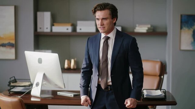 Angry businessman staring at computer monitor in modern office. Frustrated corporate executive with clenched fists reacting to bad news. Workplace stress and tension concept