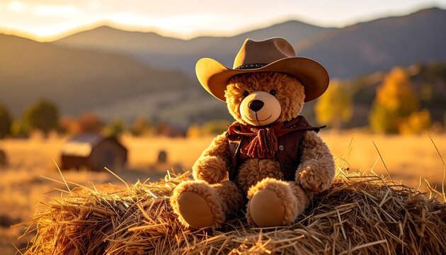 Teddy bear cowboy sits atop haystack at sunset with mountains in background