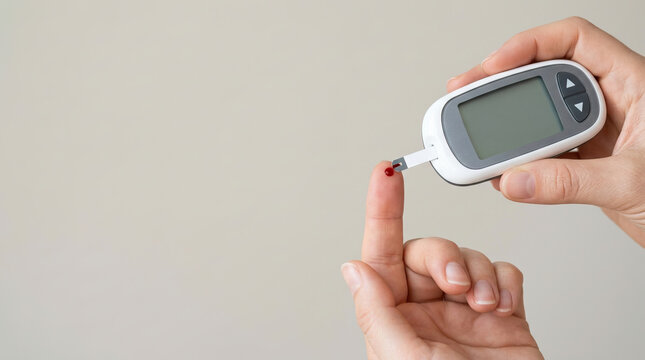Blood glucose meter test strip blood drop finger prick diabetes monitoring health care medical device close up hand checking blood sugar glucose level diabetes management personal health medical