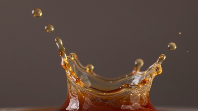 High-resolution featuring close-up liquid splash appears honey syrup golden-brown hue smooth glossy texture ce