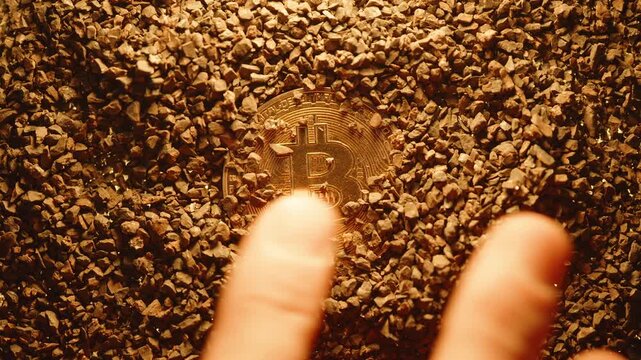 Fingers Unearthing Bitcoin Coin from Gravel, Surrounded by Glowing Warm Light, Illustrating the Concept of Cryptocurrency Mining and Digital Wealth