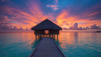 Obraz premium Tropical water bungalow on stilts with thatched roof at sunset over calm turquoise ocean