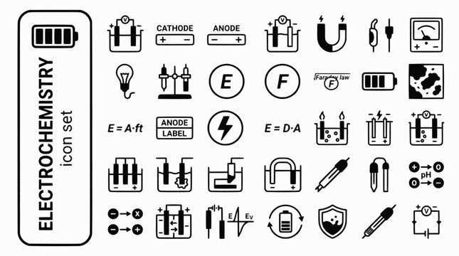 Electrochemistry Bold Line Icons-Galvanic Cell Cathode Anode Electrolysis Salt Bridge Faraday Battery Corrosion pH Electrode-20 Electrochemistry Icon Set Vector - Electro Icons