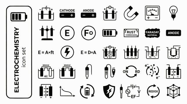 Electrochemistry Bold Line Icons-Galvanic Cell Cathode Anode Electrolysis Salt Bridge Faraday Battery Corrosion pH Electrode-20 Electrochemistry Icon Set Vector - Electro Icons
