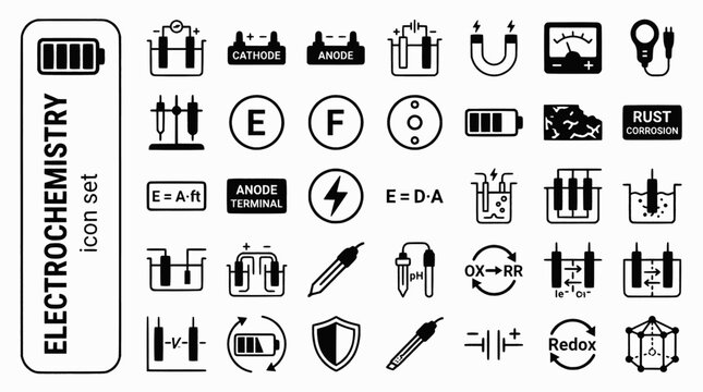 Electrochemistry Bold Line Icons-Galvanic Cell Cathode Anode Electrolysis Salt Bridge Faraday Battery Corrosion pH Electrode-20 Electrochemistry Icon Set Vector - Electro Icons