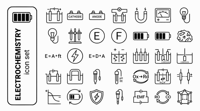 Electrochemistry Bold Line Icons-Galvanic Cell Cathode Anode Electrolysis Salt Bridge Faraday Battery Corrosion pH Electrode-20 Electrochemistry Icon Set Vector - Electro Icons