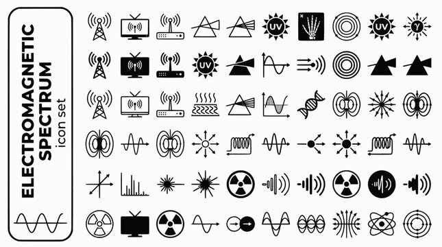 Electromagnetic Spectrum Bold Line Icons-Radio Wave Microwave Infrared Visible Light UV Xray Gamma Wavelength Photon-20 Spectrum Icon Set Vector - EM Spectrum Icons
