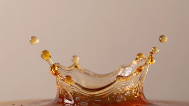 High-resolution featuring close-up liquid splash appears golden-brownish-orange color smooth glossy texture ce