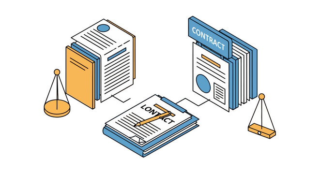 Legal Documents and Scales of Justice Representing Law and Contracts.