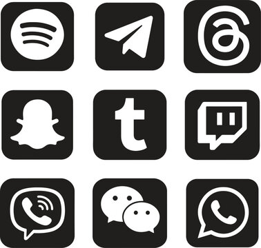 Spotify Telegram Threads Snapchat Tumblr Twitch Viber WeChat WhatsApp Social Media Icons Black and White Flat Design