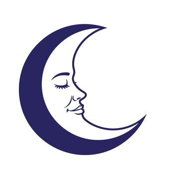 Dark blue crescent moon with a human face featuring closed eyes and a gentle smile in a simple line style isolated on a white background