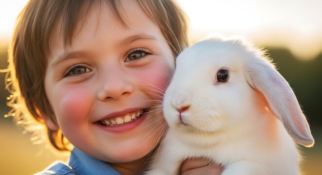 Joyful child with a fluffy white rabbit in golden hour sunlight