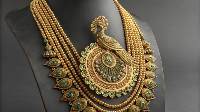 Intricate gold necklace with peacock motif and coin embellishments