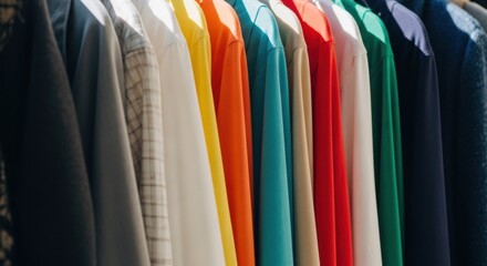 Fototapeta premium Multi-colored shirts hanging on rack in shop. Clothing collection arranged by color. Fashion trend, retail style and wardrobe organization concept. Variety of apparel for consumer choice.