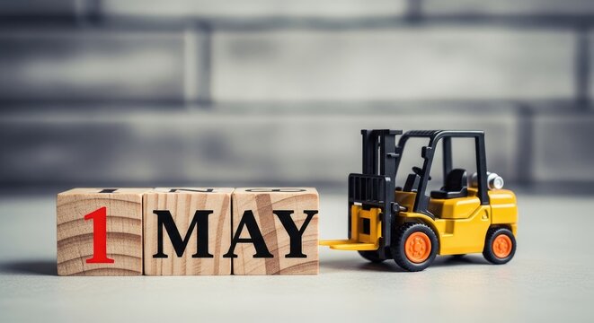 Forklift toy pulling wooden blocks with text 1 May.