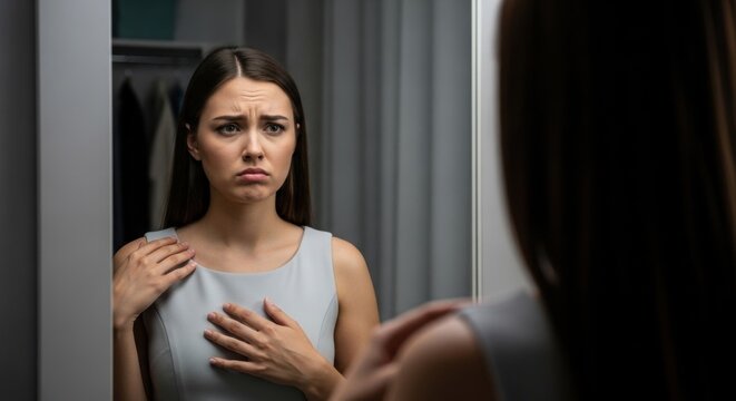 Sad woman looking at her reflection in mirror. Unhappy girl feeling insecure about appearance and body image. Mental health struggle and low self-esteem concept. Psychology and emotion.