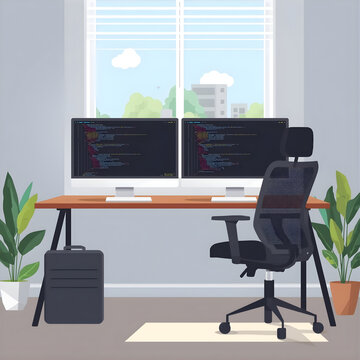 Flat Vector Programmer Workspace Dual Monitors Code