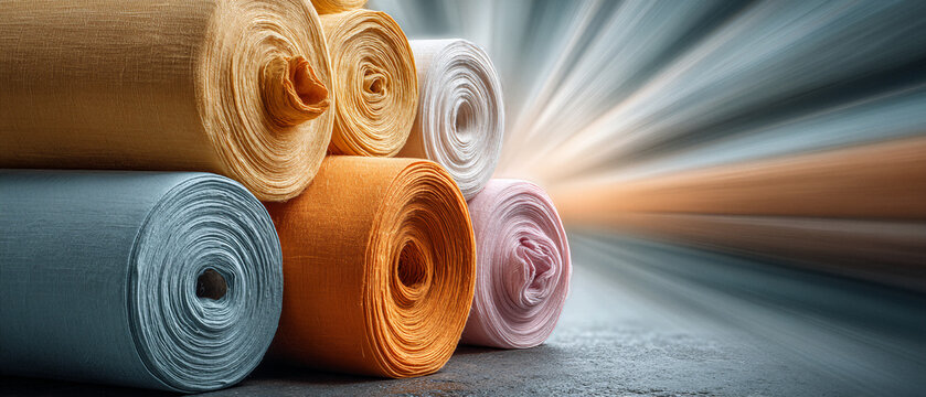 Stack of colorful fabric rolls with motion blur background