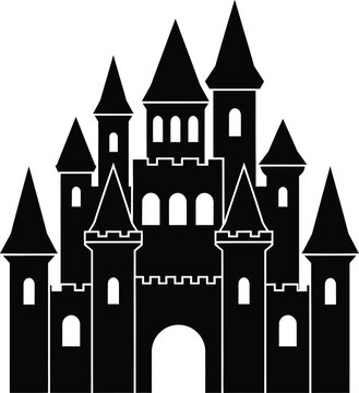 A majestic medieval castle with multiple towers and turrets on a white background