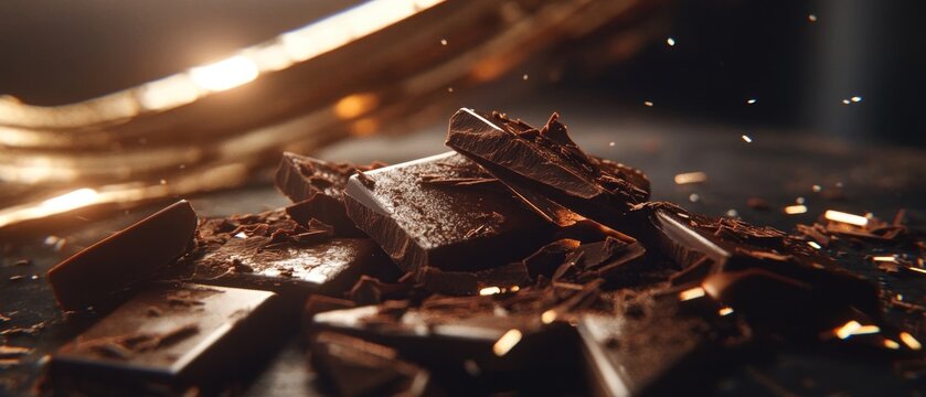 Dark chocolate pieces and shavings closeup