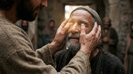 Obraz na płótnie Canvas Jesus Christ healing blind man by touching his eyes. Biblical miracle scene of faith and divine compassion. Religious story of hope, spiritual grace and restoration for Christian devotion.
