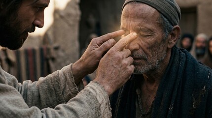 Fototapeta premium Jesus Christ touching eyes of blind man to heal him. Biblical reenactment of miracle of sight restoration. Religious divine power of messiah. Gospel narrative from christianity.