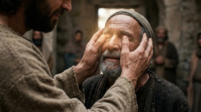 Jesus Christ healing blind man by touching his eyes. Biblical miracle scene of faith and divine compassion. Religious story of hope, spiritual grace and restoration for Christian devotion.