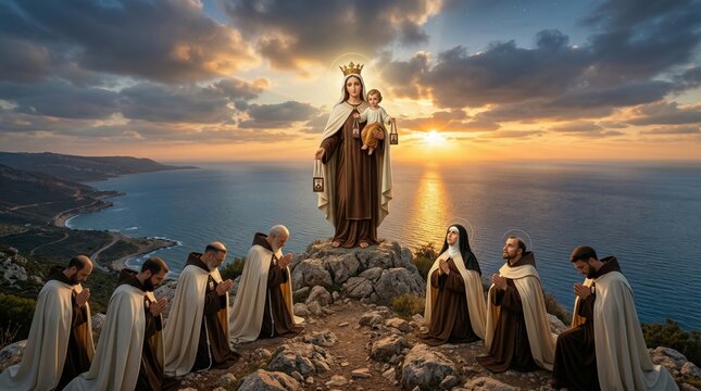 Virgin Mary holding baby Jesus with scapular standing on mountain rock above praying group of monks and nun. Catholic religious scene with sunset over ocean. Christian worship art.