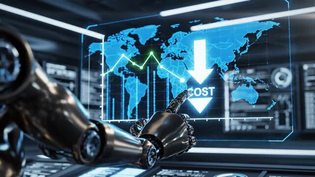 Robotic Arm Interacting with Futuristic Global Cost Reduction Data Display hand technology