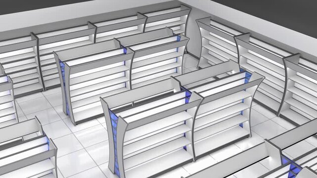 Rotation of the trading floor mockup with white and blue curved gondola shelving and blank shelves against the wall. 3d animation isolated on grey