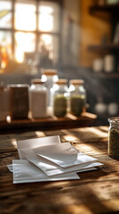 Fototapeta premium Blank sheets of paper on wooden table with jars in background 