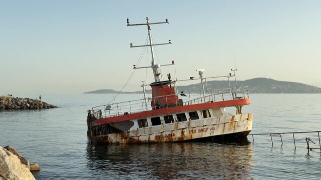 Abandoned rusty passenger ferry listing to one side near shoreline with crows perched on deck, calm sea reflection and island in background, Marmara Sea, Turkey