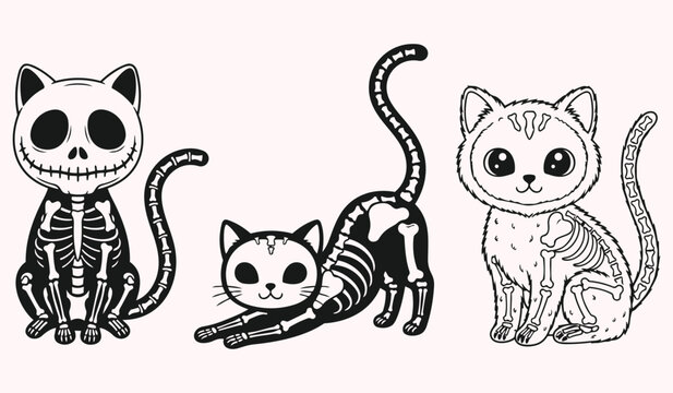 Spooky Cat Skeleton Trio: Three whimsical feline illustrations in the style of skeletal depictions, exuding a playful yet eerie vibe, ideal for Halloween themes.