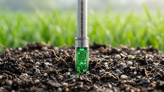 A small green circuit board is inserted into the soil with a metal probe surrounded by lush green grass in the background.