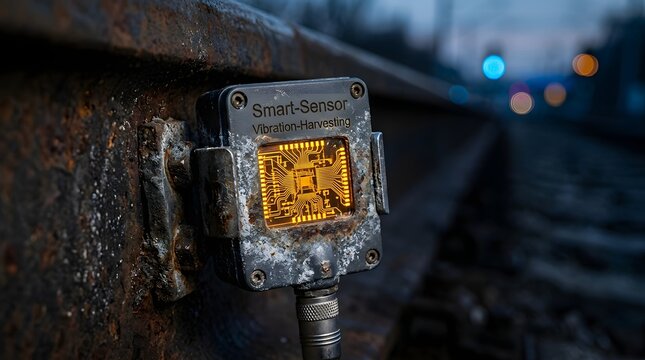 A close-up view of a weathered smart sensor attached to a rusty metal beam in an industrial setting with blurred background lights