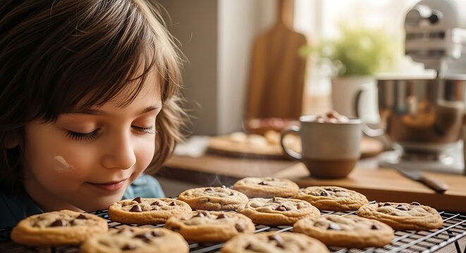 Young child with flour on cheek smells freshly baked chocolate chip cookies cooling on a rack