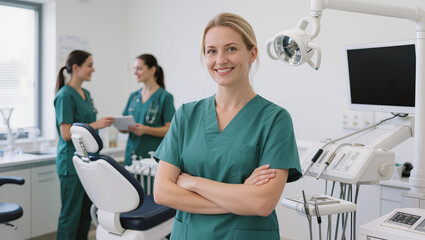 Obraz premium Smiling dental professional in scrubs stands confidently in a modern clinic, with colleagues and equipment in a clean, bright environment.