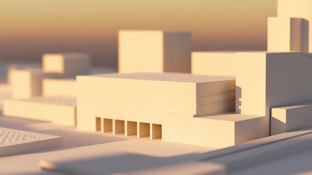 Model architectural 3D with orange lighting and cityscape background featuring urban planning, architecture, building design with miniature city and