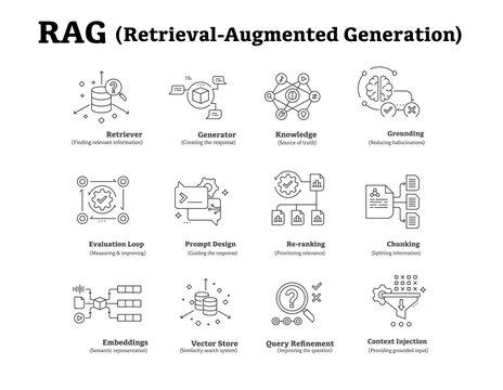 RAG AI Model Explained, Retrieval Augmented Generation Tutorial. re-ranking, chunking, embeddings, query refinement icon, context injection, semantic representation and more.