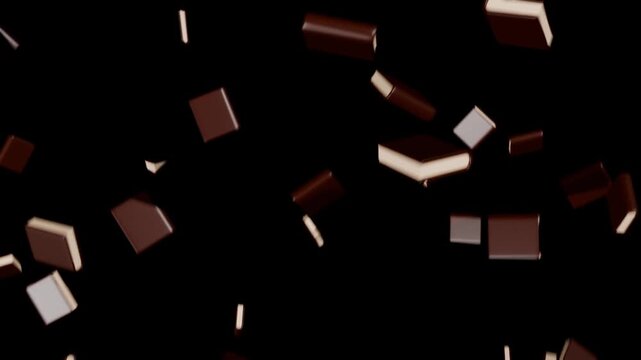 3d books floating down from above, on a solid colour background