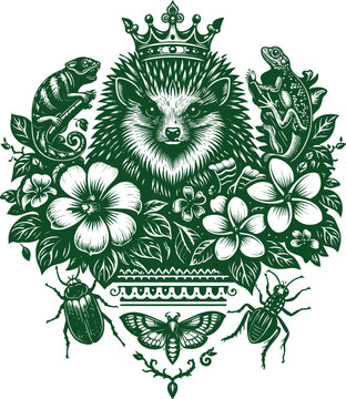 Royal Hedgehog Insect Frog Floral Green Art