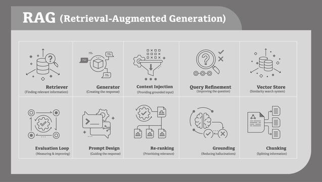 RAG Retrieval-Augmented Generation AI Icon Set.  LLM Pipeline Infographic. generator icon, context injection icon, query refinement icon, vector store icon, evaluation loop icon,. Editable Stroke.