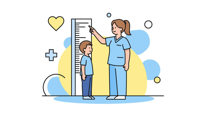 Pediatrician measuring child's height with a stadiometer, healthcare concept