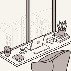 Fototapeta premium A desk with a laptop computer and office supplies
