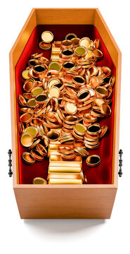 Gold ingots and gold coins in a casket. Concept for inheriting a fortune. Pure white background for better separation