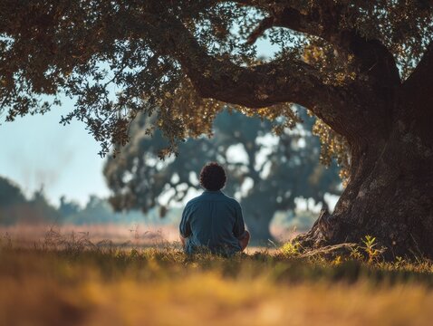 man relaxing under oak tree with a blured nature background