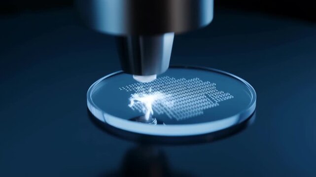 Laser etching binary code onto a clear disc with a precision tool, demonstrating technology and data.