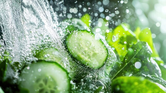 Fresh cucumber and green leaves washed under water